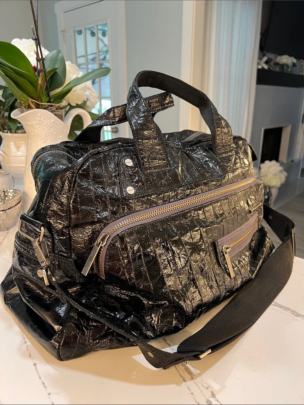 Matt & Nat Unisex Vegan Leather Black Glossy Textured Duffel W/Adjustable Strap